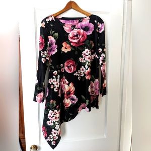 Agnes &Dora asymmetrical flowered top, black with multi pastel pansies